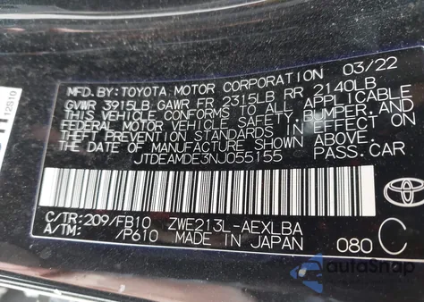 2022 Toyota Corolla Hybrid Le z USA, uszkodzony, nr VIN JTDEAMDE3NJ055155